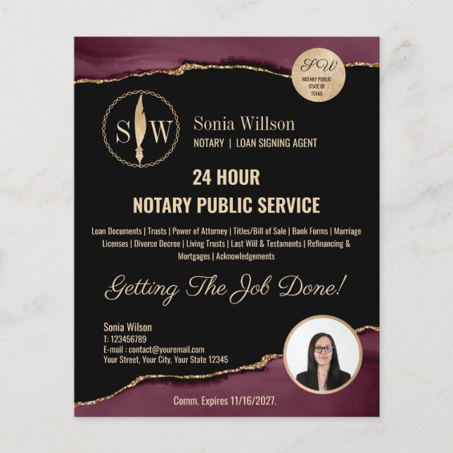 Mobile Notary & Loan Signing Agent Burgundy Gold Flyer (Vorne)