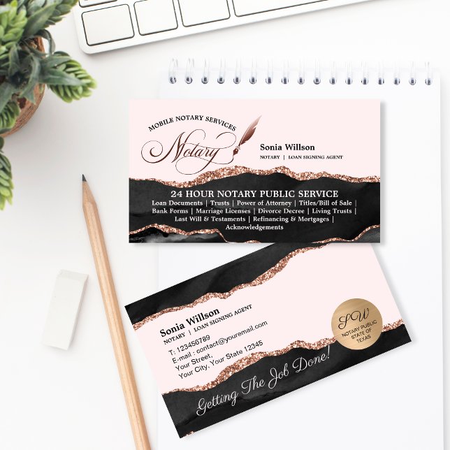 Mobile Notary & Loan Signing Agent Rose Gold Visitenkarte (Elegant and professional Notary logo design with blush pink and rose gold details)