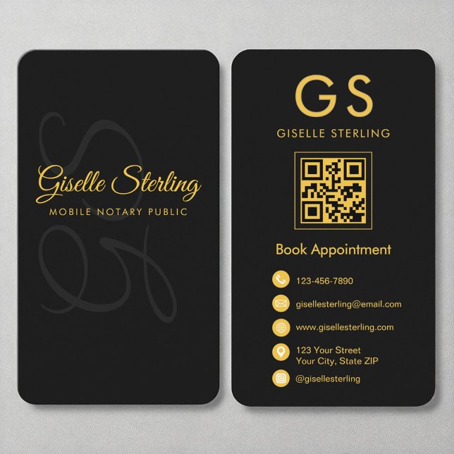 Mobile Notary Monogram Black Gold QR Code Visitenkarte (Von Creator hochgeladen)