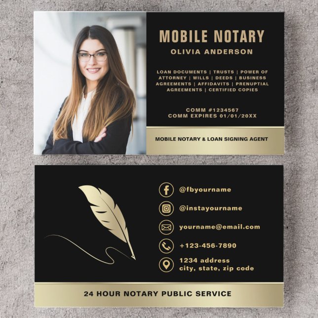 Mobile Notary Signing Agent Foto Black & Gold Visitenkarte (Von Creator hochgeladen)