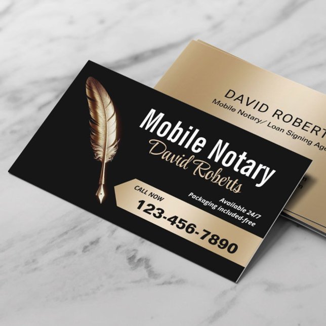 Mobile Notary Signing Agent Gold Feather Pen Black Visitenkarte (Von Creator hochgeladen)