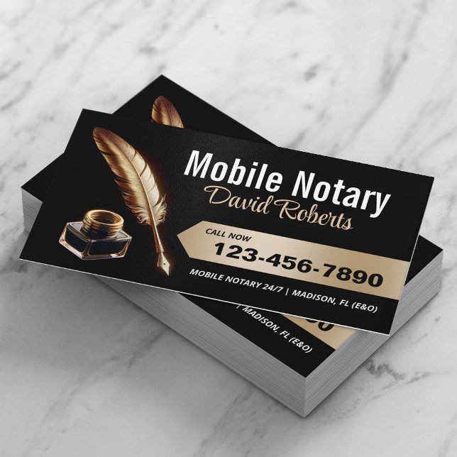 Mobile Notary Signing Agent Gold Feather Pen Visitenkarte (Von Creator hochgeladen)