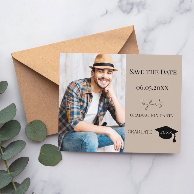Mocha beige Graduation Party Save the Date card (Von Creator hochgeladen)