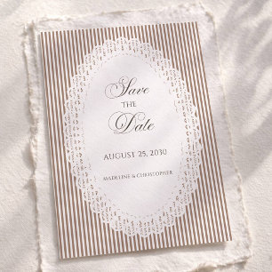 Mocha-Braune Französische Streifen-Spitze Hochzeit Save The Date
