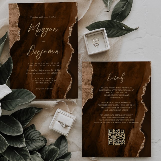 Mocha Brown Agate Gold Script QR Code Wedding Einladung (Von Creator hochgeladen)