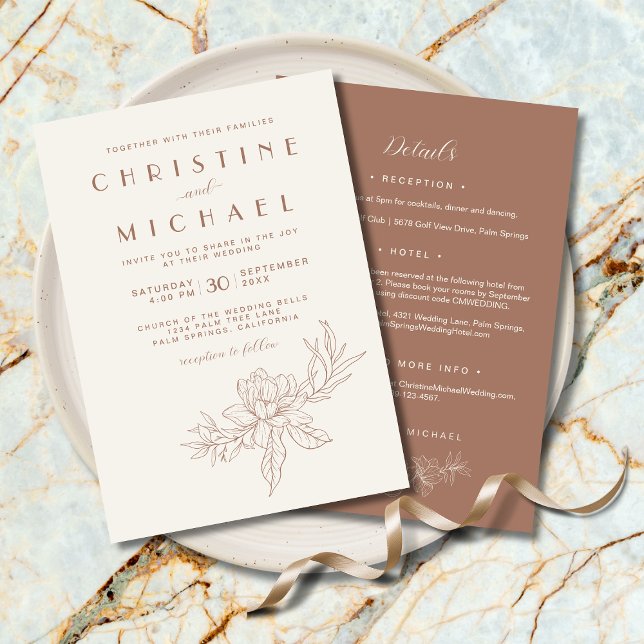 Mocha Brown-Blumenformel in einer Elfenbeinhochzei Einladung (Mocha Mousse Floral Formal Ivory All-In-One Wedding Invitation with Magnolia Flower. Wedding Details)