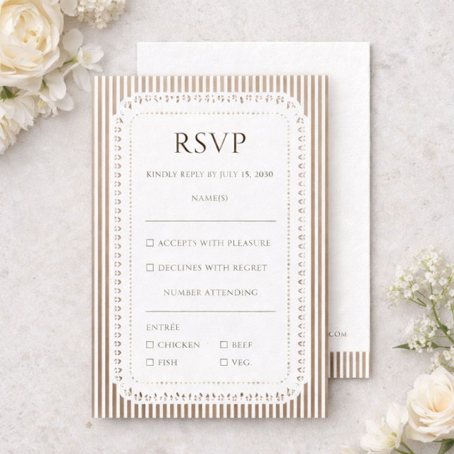 Mocha Brown French Stripe Lace Wedding RSVP Begleitkarte (Von Creator hochgeladen)