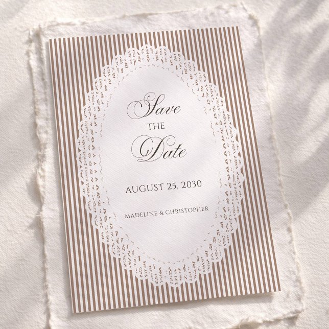 Mocha Brown French Stripe Lace Wedding Save The Date (Von Creator hochgeladen)