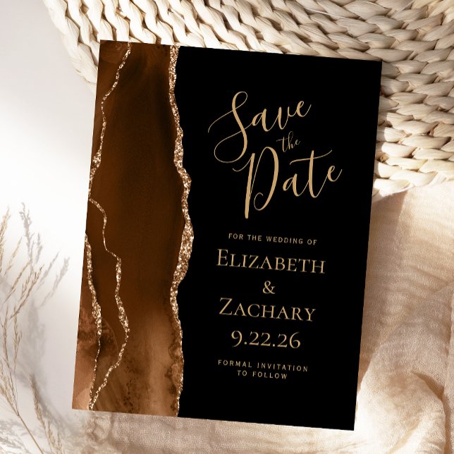 Mocha Brown Gold Agate Black Save the Date Ankündigungspostkarte (Von Creator hochgeladen)