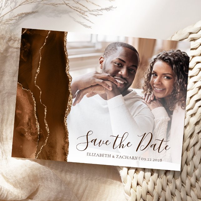 Mocha Brown Gold Agate Foto Save the Date Postkarte (Von Creator hochgeladen)