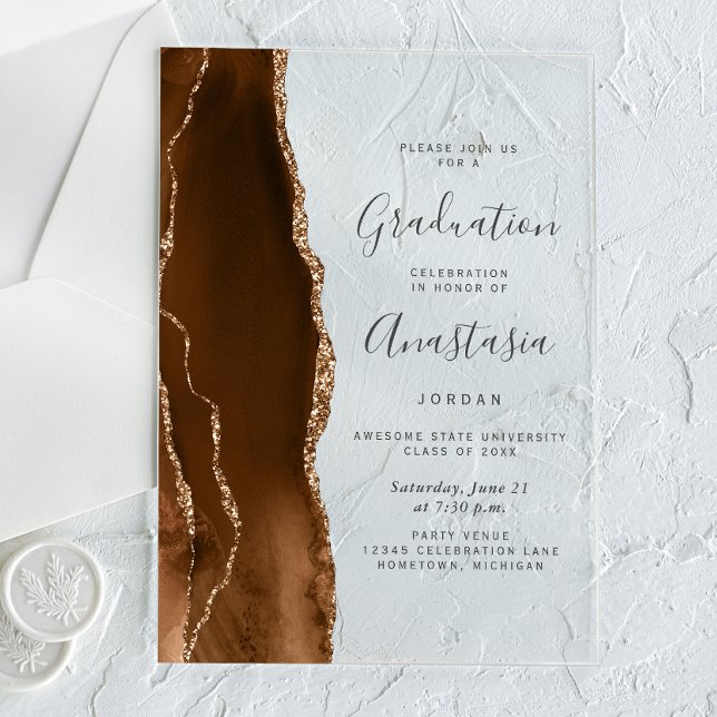 Mocha Brown Gold Agate Gray Text Graduation Acryleinladungen (Von Creator hochgeladen)