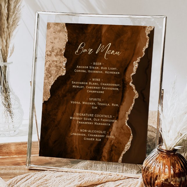 Mocha Brown Gold Agate Script Wedding Bar Menu  Poster (Von Creator hochgeladen)