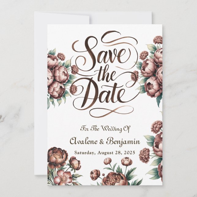 Mocha Brown Painted Peony Save the Date Cards Einladung (Vorderseite)