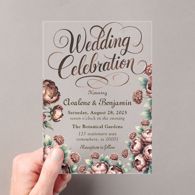 Mocha Brown Painted Peony Wedding Celebration Acryleinladungen (Insitu (Handheld))