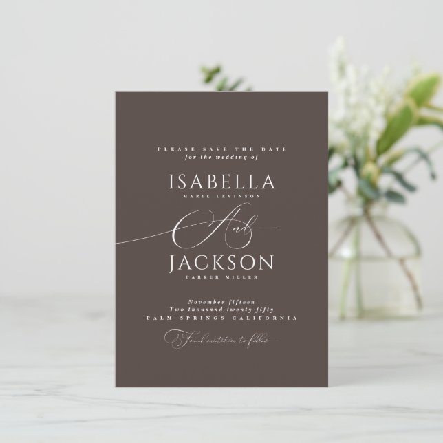 Mocha Brown Simple Classy Minimalistisch Chic Wedd Save The Date (Stehend Vorderseite)