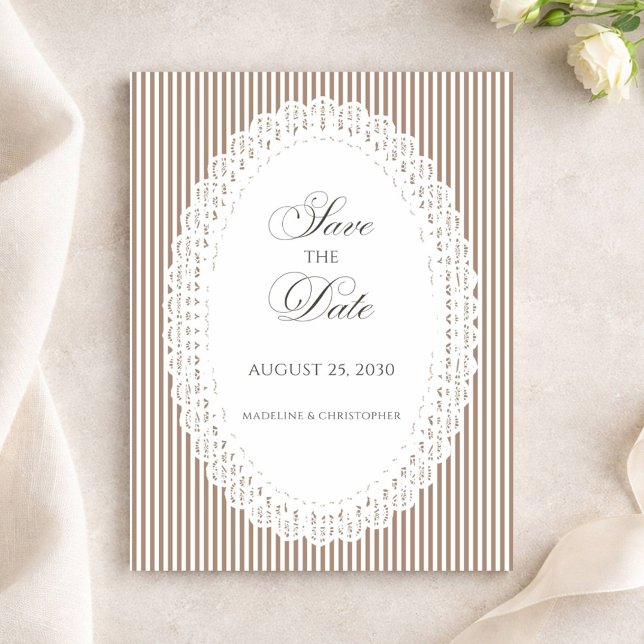 Mocha Brown Stripe Lace Doily Wedding Save The Date (Von Creator hochgeladen)