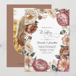 Mocha, Cream & Dusty Rose Floral Wedding QR Code Einladung