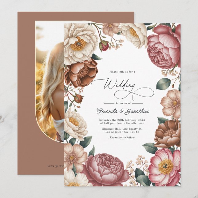 Mocha, Cream & Dusty Rose Floral Wedding QR Code Einladung (Vorne/Hinten)