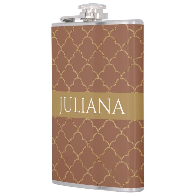 Mocha Gold Quatrefoil Personalisiert Flachmann (Links)