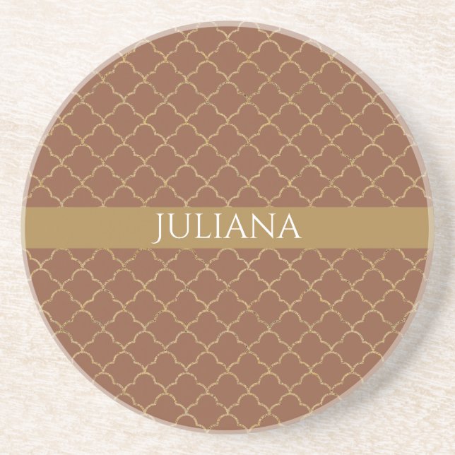 Mocha Gold Quatrefoil Personalisiert Getränkeuntersetzer (Vorne)