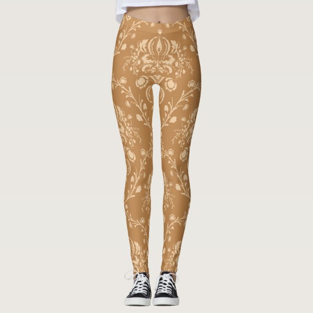 Mocha Latte Brown Damask Leggings (Vorderseite)