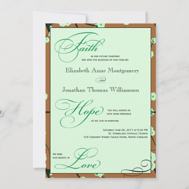 Mocha & Mint Faith Hope Liebe Wedding Einladungen (Vorderseite)