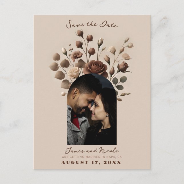 Mocha Mousse Beige Brown Floral Save the Date Ankündigungspostkarte (Vorderseite)