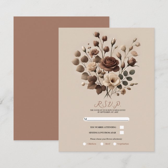 Mocha Mousse Beige Brown Floral Wedding RSVP Einladung (Vorne/Hinten)