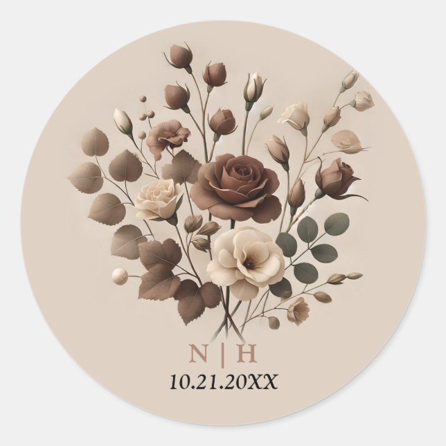 Mocha Mousse Beige Brown Floral Wedding Runder Aufkleber (Vorderseite)
