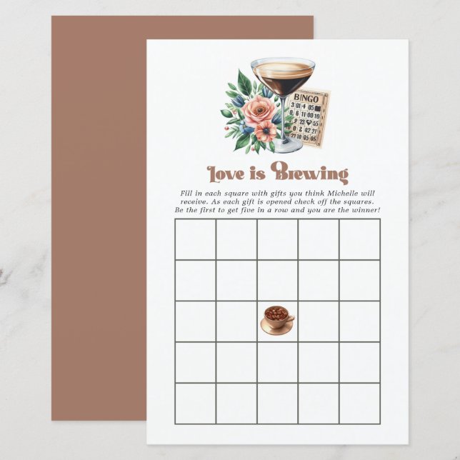 Mocha Mousse "Liebe is Brewing" Brautparty Bingo (Vorne/Hinten)