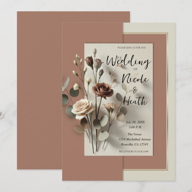 Mocha Mousse Moderne Botanische Blumenhochzeit Einladung (Vorne/Hinten)