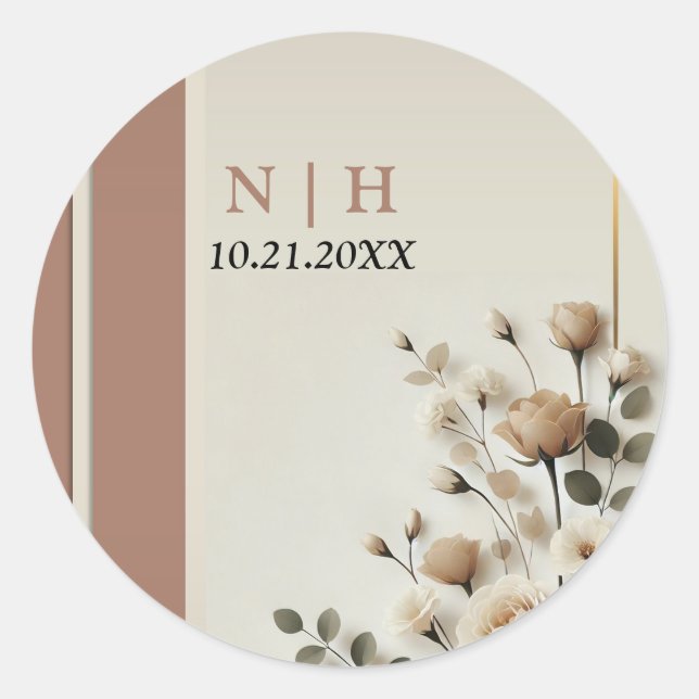 Mocha Mousse Neutral Floral Wedding Runder Aufkleber (Vorderseite)