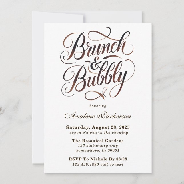 Mocha Mousse Paint Calligraphy Brunch & Bubbly Einladung (Vorderseite)
