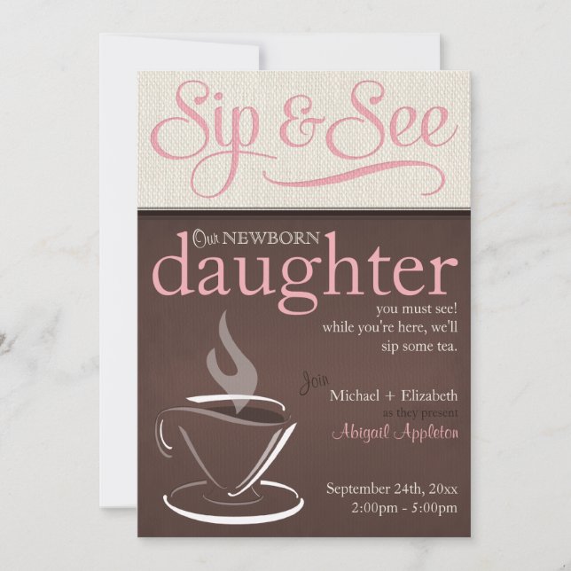 Mocha Rustic New Baby Sip & See Party Invitations (Devant)
