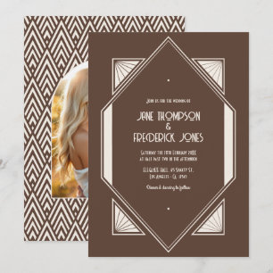 Mocha-Truffle- und Creme-Seiden-Art-Deco-Hochzeits Einladung