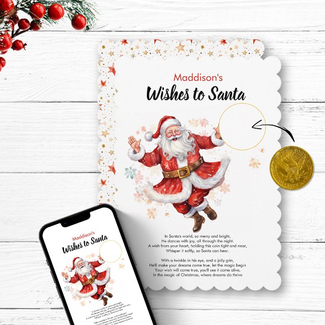 Möchte den Personalisierten Namen der Münzkarte Sa Einladung (Wishes to Santa DIY Coin Card Personalized Name  christmas childrens gift magic northpole letter fun)
