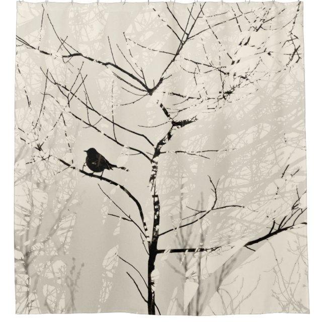 Mockingbird in Silhouette Bäume Almond Black Duschvorhang (Vorderseite)