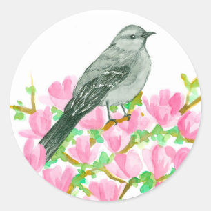 Mockingbird Pink Magnolia Wasserfarbe Runder Aufkleber