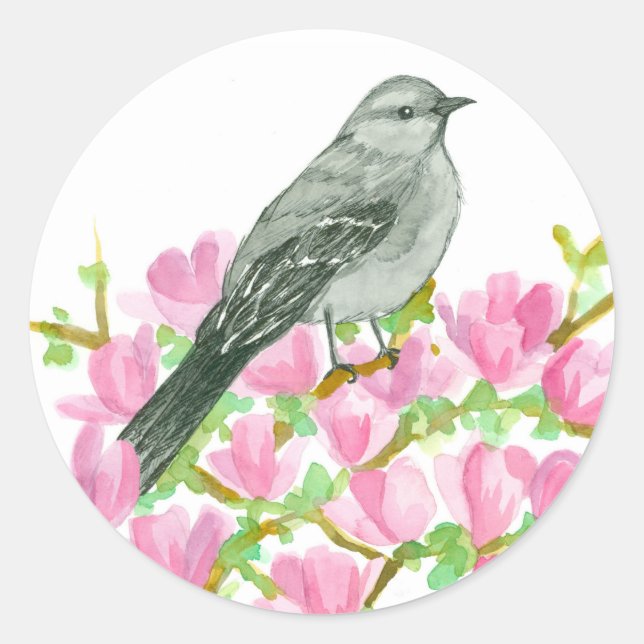 Mockingbird Pink Magnolia Wasserfarbe Runder Aufkleber (Vorderseite)