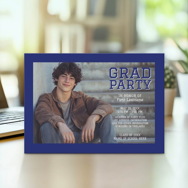 Mod Abschluss Foto Ankündigung - Schwarz Blau (Graduation Party Invitation with Photo)