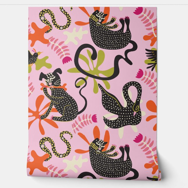 Mod Abstract Primitive Cats & Dogs Pattern pink Tapete (Abrollen)