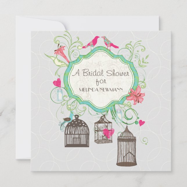 Mod Bird Cage Mason Jar Heart Floral Brautparty Einladung (Vorderseite)