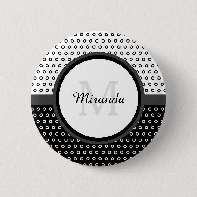 Mod Black and White Polka Dots Monogramm mit Name Button (Vorderseite)