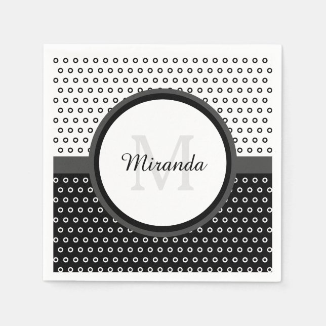 Mod Black and White Polka Dots Monogramm mit Name Serviette (Vorderseite)
