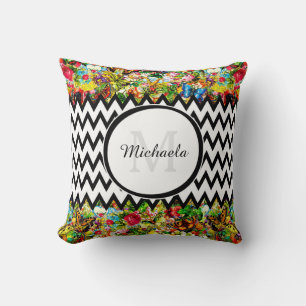 Mod Black Zickzack Vintag Floral Monogramm und Nam Kissen