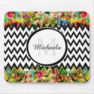 Mod Black Zickzack Vintag Floral Monogramm und Nam Mousepad