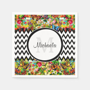 Mod Black Zickzack Vintag Floral Monogramm und Nam Serviette