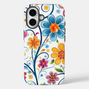 Mod Blau, Rosa, Gelbe Blumen Illustration iPhone 16 Hülle