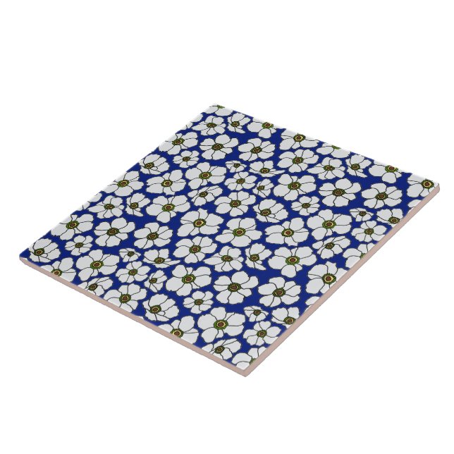 Mod Blau Weiße Wildblumen  Fliese (Seite)