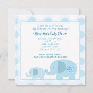 Mod Blue Elephants Square Baby Dusche Einladung